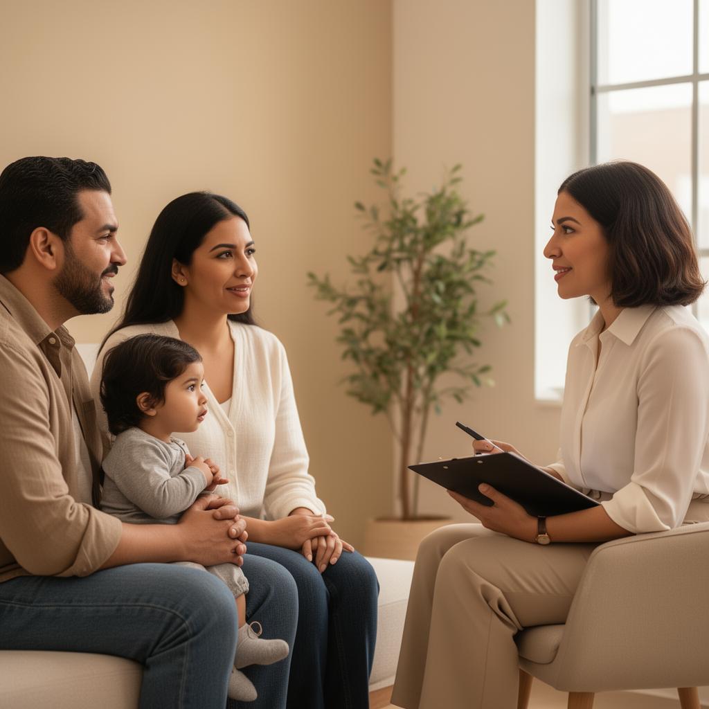 Familia hispana hablando con una terapeuta en una oficina cálida y profesional